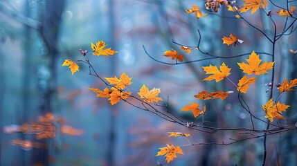 Maple leaves in the foreground with a blurred forest behind, creating a serene and natural scene
