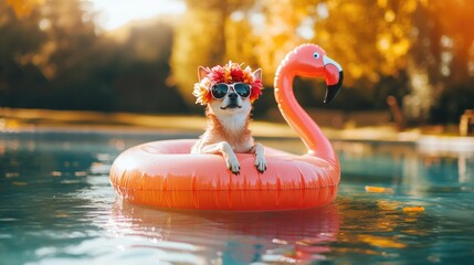 A playful dog looking stylish in sunglasses and a bright flower crown, float on an inflatable flamingo in a pool, The autumn atmosphere