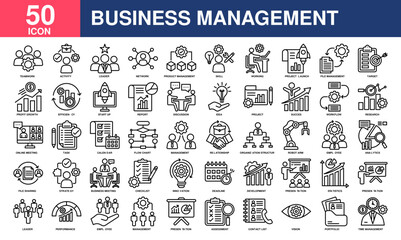 Business management icon collection set. Containing business, management, leader, development, report, employee, business and finance icon. Simple line vector.