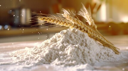 Pile of flour with wheat ears in a sunny kitchen