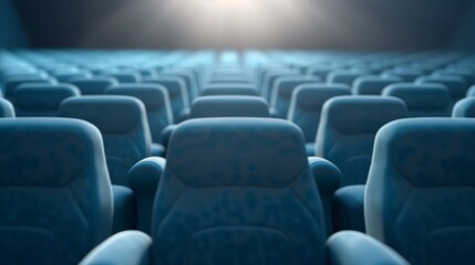 Naklejka premium Empty Cinema Anticipation: Rows of plush blue seats await an audience beneath the subtle glow of the theater's spotlight. 