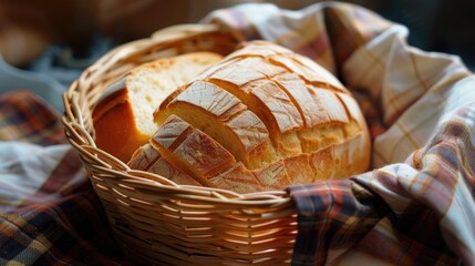 Sliced bread in a basket with a checkered cloth, highlighting its detailed texture and inviting appearance