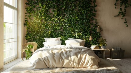 Sunlit bedroom with a verdant botanical wall