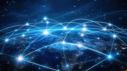 Obraz premium A Nighttime Aerial View of Blue Lines Interconnecting Countries, Symbolizing Technology's Boundless Connectivity Over City Lights.