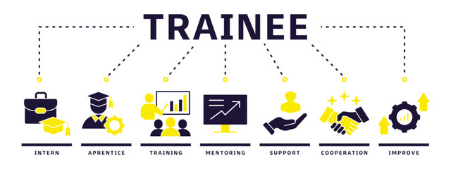 Concept vector illustration of web icons of trainee banners for internship training and learning programs with icons of internship, training, mentor, support, cooperation and improvement