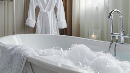 White bathtub brimming with bubbles, with a soft bathrobe hanging nearby, emphasizing comfort and luxury