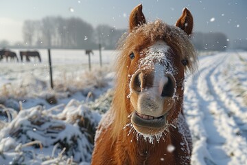 Close-Up of a Laughing Horse in Winter, Sunny Day, Sharp Photography

