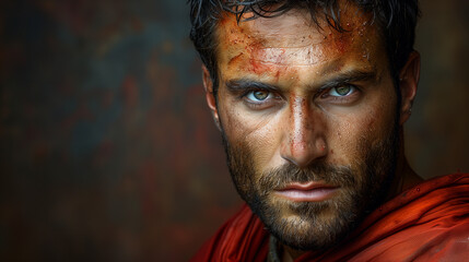 A close-up portrait of a strong, determined man with piercing blue eyes, sweat, and mud on his face, wearing a red cloak against a dark background.