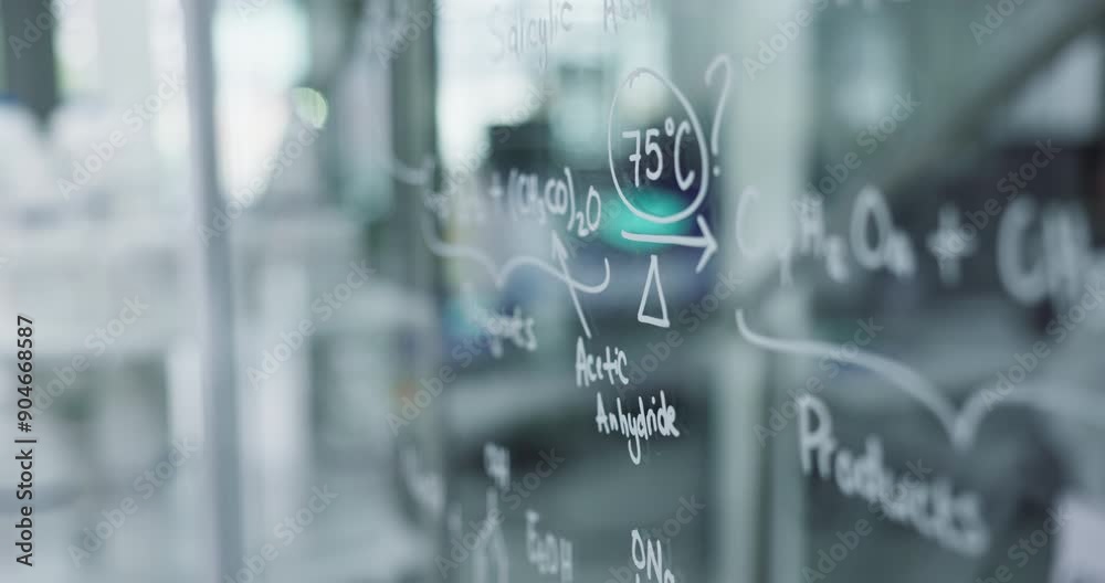 Poster Hand, science and writing on glass in laboratory with person calculating formula for development. Equation, pen and window with doctor or scientist working on solution for pharmaceutical breakthrough