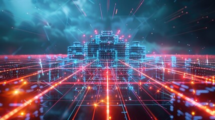 Fototapeta premium Digital fortress surrounded by a grid of laser beams representing cybersecurity defenses.
