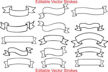 Hand-drawn ribbon line banners set in editable vector format.  Greeting cards, banners, invitation, Badge, banner, ribbon, flag, poster, flyer, sticker design elements. eps 10.