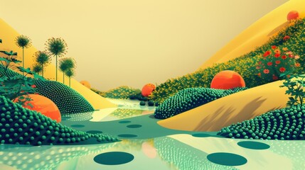 119. Trail Map, realistic style, bold colors, polka dots, wide shot, soft light, reflections,