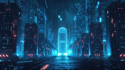 Fototapeta premium Digital fortress surrounded by a network of AI-driven cyber sentinels protecting against data breaches.