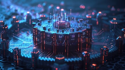 Digital fortress surrounded by a moat of encrypted data streams and AI defense mechanisms.