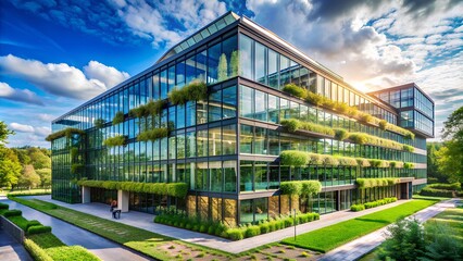 Contemporary eco-office with glass facades, sustainable architecture, green design promoting energy-efficient solutions and nature integration for modern workplaces.