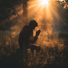 Man praying with his hands clasped, humble male person, guy kneeling down outdoors in nature, sun rays in the background. Spiritual peace, Christian believer, Biblical hope, asking for forgiveness .