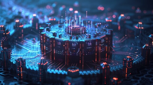 Digital fortress surrounded by a moat of encrypted data streams and AI defense mechanisms.