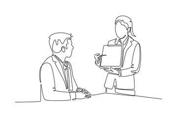 Business meeting, negotiation concept. Single line draw design vector graphic illustration.