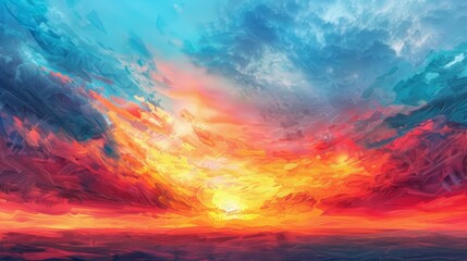 Sunset Sky - Digital Painting with Vibrant Colors, Abstract Brushstrokes, Horizon, Sky, Sunset, Clouds, Landscape
