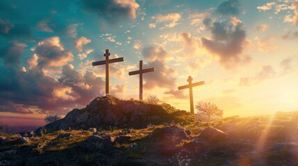 Fototapeta premium Three Crosses on a Hilltop at Sunset