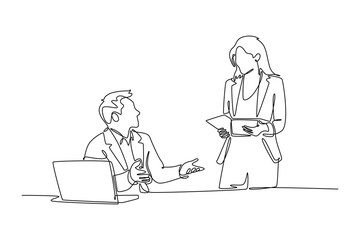 Business meeting, negotiation concept. Single line draw design vector graphic illustration.