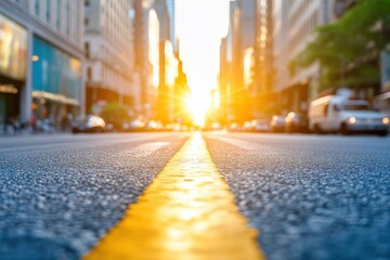 Obraz premium The image captures a sunlit urban street from a low angle, with the yellow road line in sharp focus and the city buildings in the background slightly blurred. 