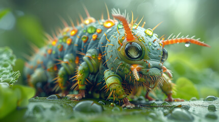 Close-up of a vibrant green caterpillar with orange spikes and water droplets on a leaf, set in a lush, blurry green background during a rain shower.
