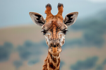 Fototapeta premium giraffe is standing in a field of tall grass. The giraffe is looking directly at the camera, and its head is tilted slightly to the left. The scene is peaceful and serene