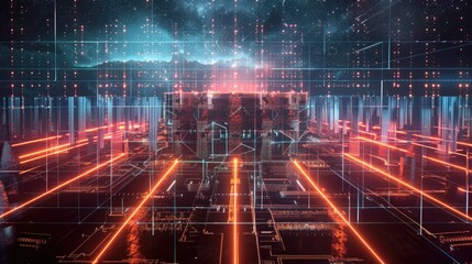 Digital fortress surrounded by a grid of laser beams representing cybersecurity defenses.