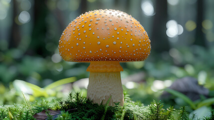 A vivid orange mushroom with white spots stands prominently in a lush forest setting, surrounded by green foliage and illuminated by soft sunlight.