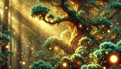 Enchanted forest with glowing tree and magical lights
