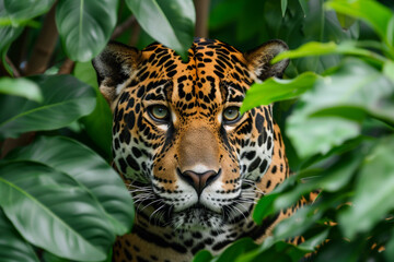 jaguar is looking at the camera through the leaves of a plant. The image has a mood of curiosity and wonder, as the jaguar seems to be looking directly at the viewer