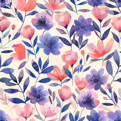 watercolor hand drawn flower leaves seamless pattern,generative ai