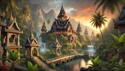 Exotic temple complex surrounded by lush greenery and waterfalls
