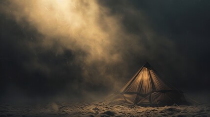 122. Winter Tent, realistic style, muted tones, abstract shapes, high angle, bright light, smoke,