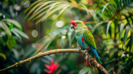 Obraz premium Parakeet bird perched on a branch, its feathers are bright with a combination of green, blue and red, branch in a lush tropical forest, Ai generated Images