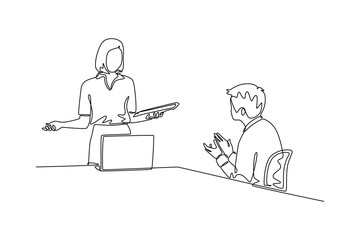 Business meeting, negotiation concept. Single line draw design vector graphic illustration.