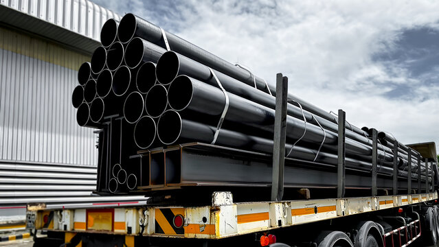 Construction products on transport vehicles Group of steel pipes for industrial materials Construction engineering products  equipment, steel pipes, metal warehouse industry, delivery to customers