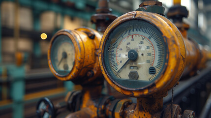Close-up of aged industrial pressure gauges with rust and wear in an old factory setting, highlighting their vintage design and mechanical detail.