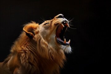 Fototapeta premium lion is roaring with its mouth wide open. The lion's mouth is full of teeth, and its tongue is hanging out. The lion's roar is loud and powerful, conveying a sense of strength and dominance