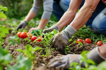 Fototapeta premium Community members planting a garden with diabetesf 036 garden, gardening, plant, woman, vegetable, work, nature, hand, gardener, soil, agriculture, farmer, food, summer, planting, hands, farm, spring