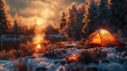 125. Cold Weather Camping, realistic style, bold colors, nature-inspired pattern, wide shot, backlight, bokeh,