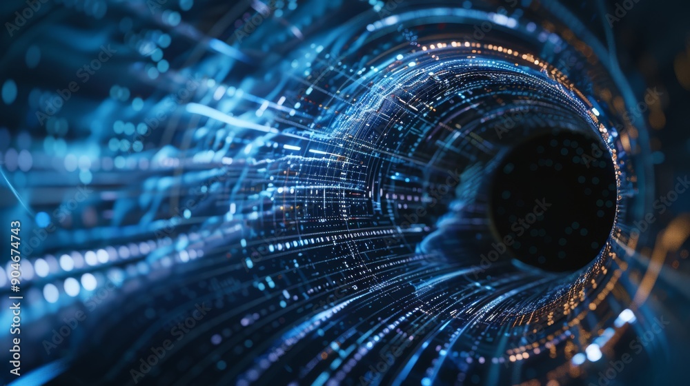 Poster experience an immersive digital data tunnel with glowing particles in abstract design