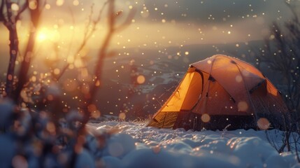 125. Cold Weather Camping, realistic style, bold colors, nature-inspired pattern, wide shot, backlight, bokeh,