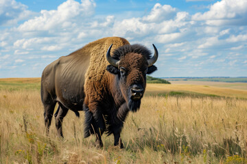 Obraz premium buffalo is standing in a field with a cloudy sky in the background. The buffalo is the main focus of the image, and it is looking towards the camera