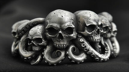 A detailed, gothic-style silver bracelet featuring multiple skulls and tentacles against a dark background.