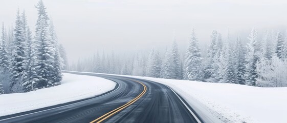 Snowy Winter Road Curving Through Frosty Pine Forest on a Foggy Day
