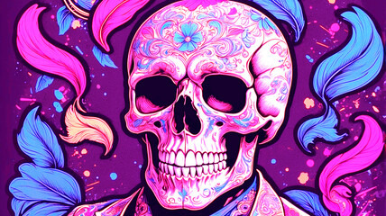 A strikingly detailed pop art sticker of a skull adorned with a handlebar mustache and a stylish posh undercut haircut against a solid black background. The image, reminiscent of a painting, features 