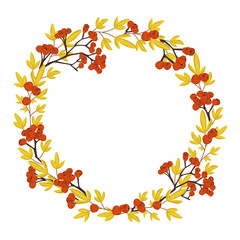 Vector autumn wreath with yellow leaves and rowan branches. Floral print for greeting cards, covers and invitations. Place for text.