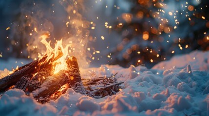 128. Campfire in Snow, realistic style, muted tones, stripes pattern, medium shot, natural light, sparks,